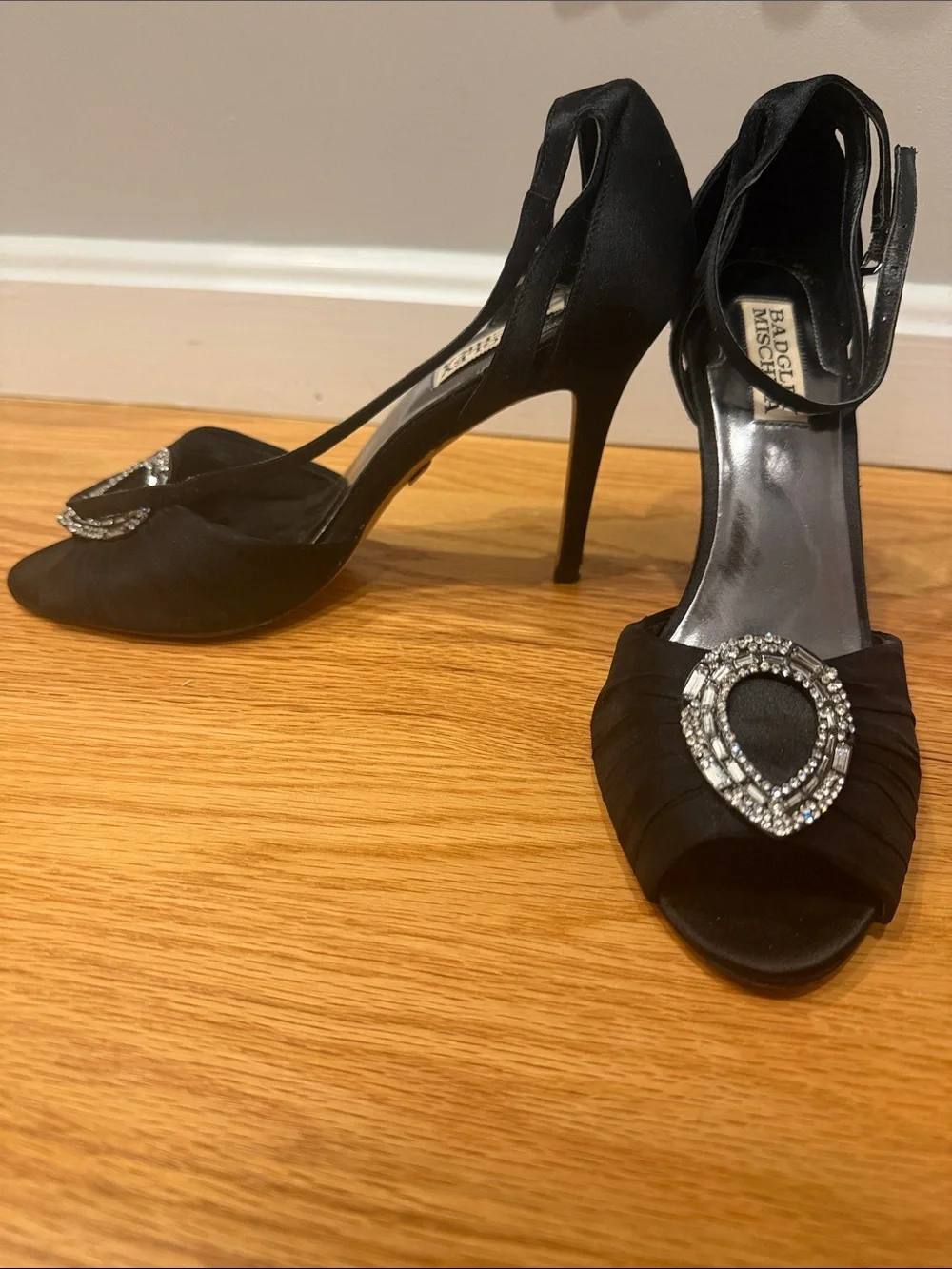 Badgley Mischka Black Satin Ankle-Strap Heels with Crystal Teardrop Buckle